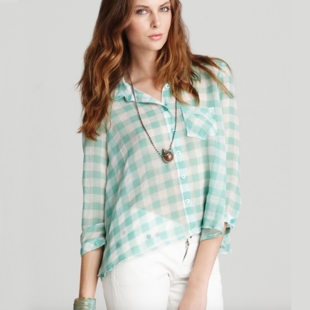 Free People sheer green-and-white checked boxy button down shirt S